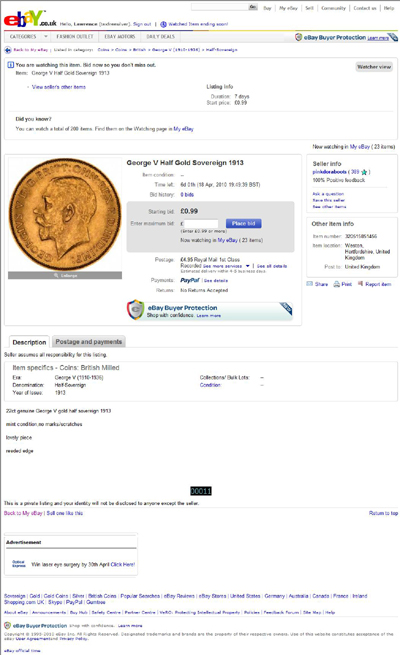 pinkdoraboots eBay Listing Using our 1913 George V Half Sovereign Obverse Photograph